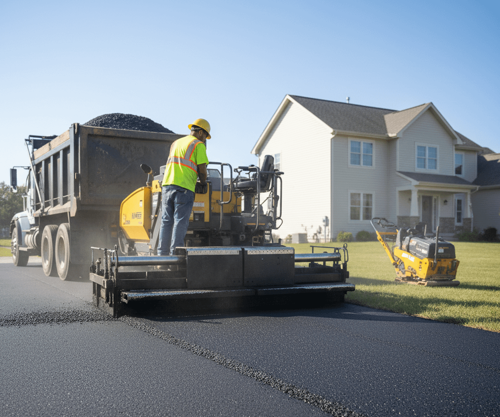 Professional installing asphalt overlay on residential driveway