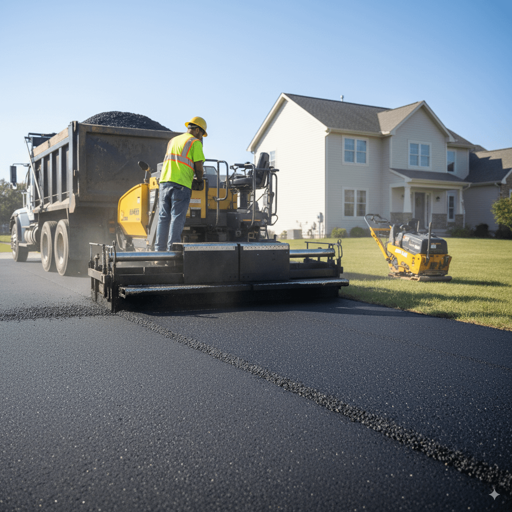 Professional installing asphalt overlay on residential driveway