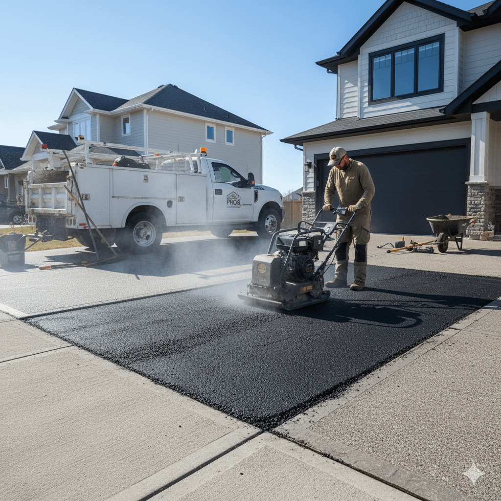 Professional contractor performing pavement repair on residential driveway using plate compactor on fresh asphalt patch