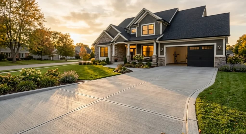 Concrete driveway in front of modern home