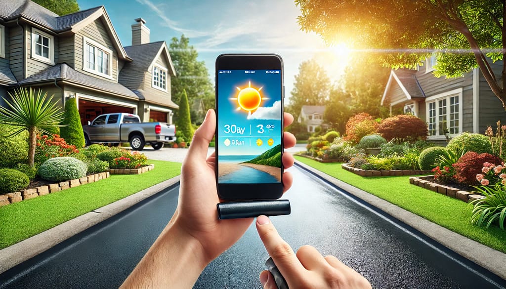 A smartphone showing a sunny weather forecast held in a hand, with an asphalt driveway in the background, emphasizing planning ideal conditions for sealcoating