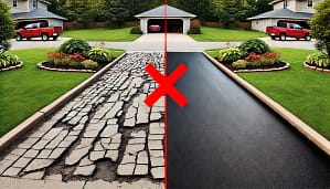 A poorly sealcoated driveway with uneven patches and dirt under the sealcoat contrasted with a clean, smooth section, highlighted by a red X overlay.