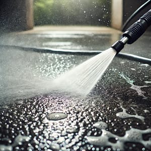 Close-up of a power washer cleaning an asphalt driveway, removing dirt and grime with high-pressure water