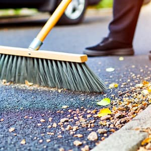 A person sweeping an asphalt driveway with a stiff-bristled broom, clearing fallen leaves and small pebbles, showcasing a clean and well-maintained driveway