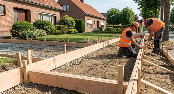 Wooden forms outlining concrete driveway