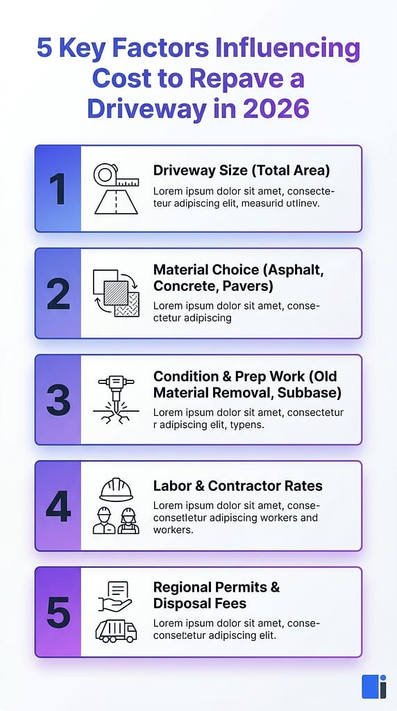 This infographic highlights five key factors influencing driveway repaving costs in 2026. Use it to help estimate your project budget.