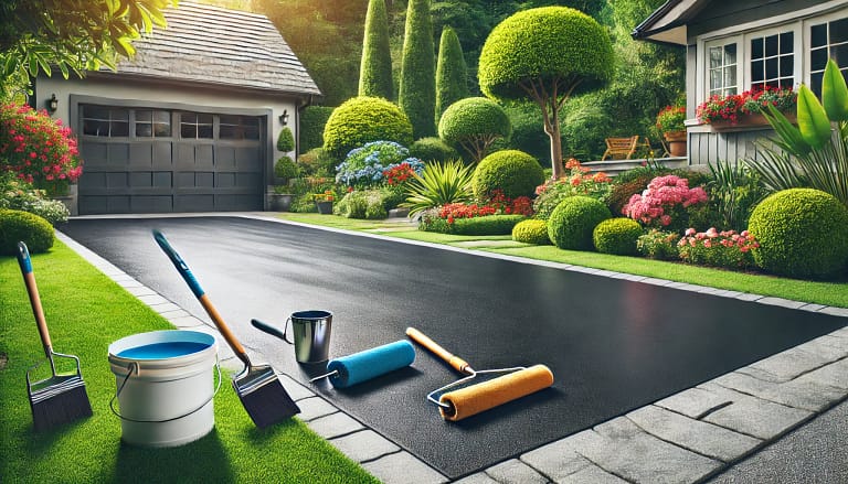 A freshly sealcoated asphalt driveway with DIY tools, surrounded by a neat suburban garden under daylight, emphasizing a clean and polished appearance