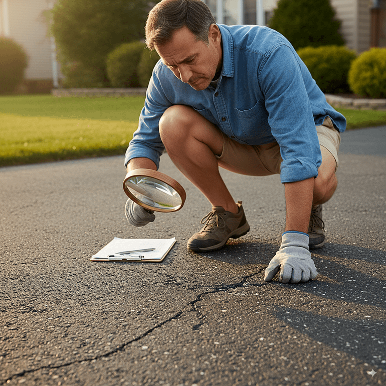 Homeowner inspecting asphalt overlay surface for maintenance needs
