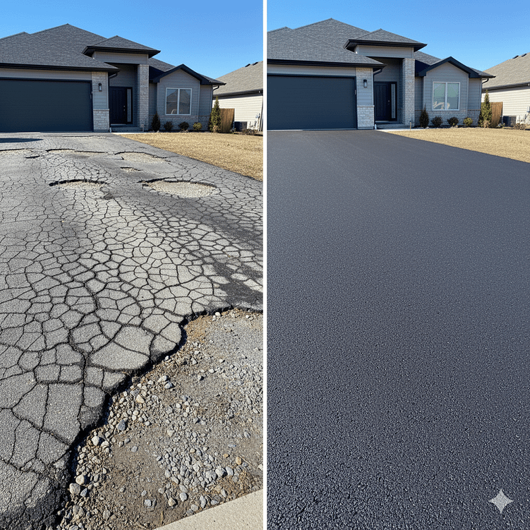 Before and after pavement repair comparison showing cracked damaged asphalt transformed into smooth repaired driveway surface