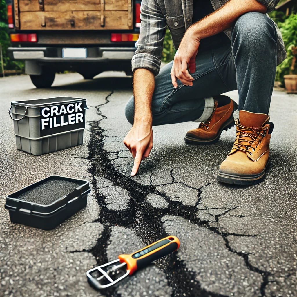 A person assessing cracks and potholes in a damaged asphalt driveway using a tool, with a crack filler container and patching kit nearby, emphasizing DIY driveway maintenance