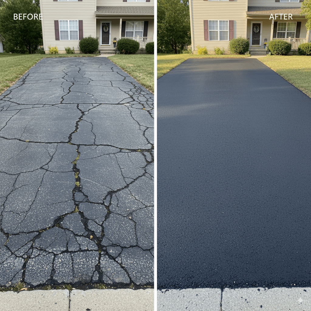 Before and after comparison showing cracked driveway transformed with asphalt overlay