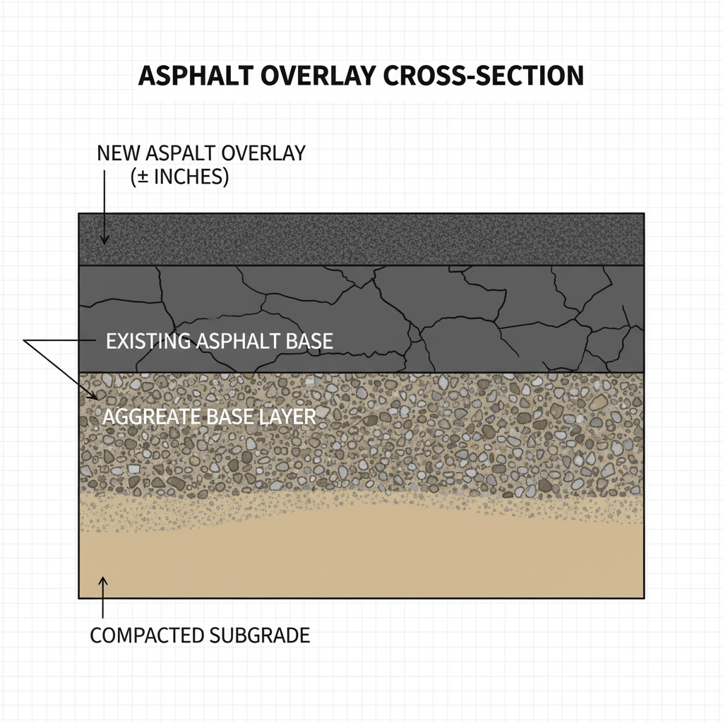 Technical diagram showing asphalt overlay layer construction