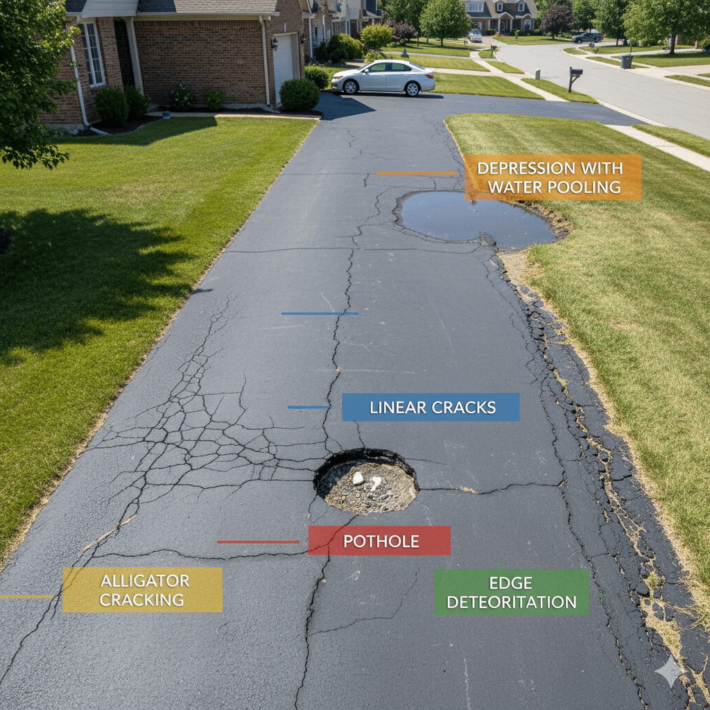 Residential driveway showing multiple types of asphalt damage including alligator cracking potholes and edge deterioration requiring pavement repair