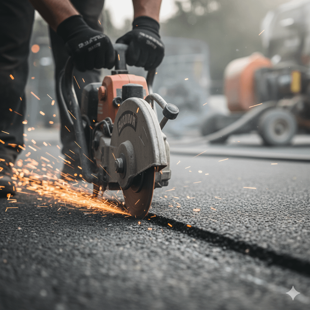 Contractor cutting clean vertical edge for pavement repair using diamond blade saw showing proper preparation technique