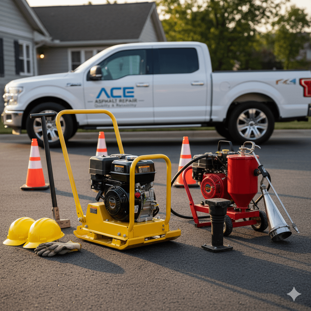 Professional pavement repair equipment including plate compactor crack filling tools and safety gear laid out at job site